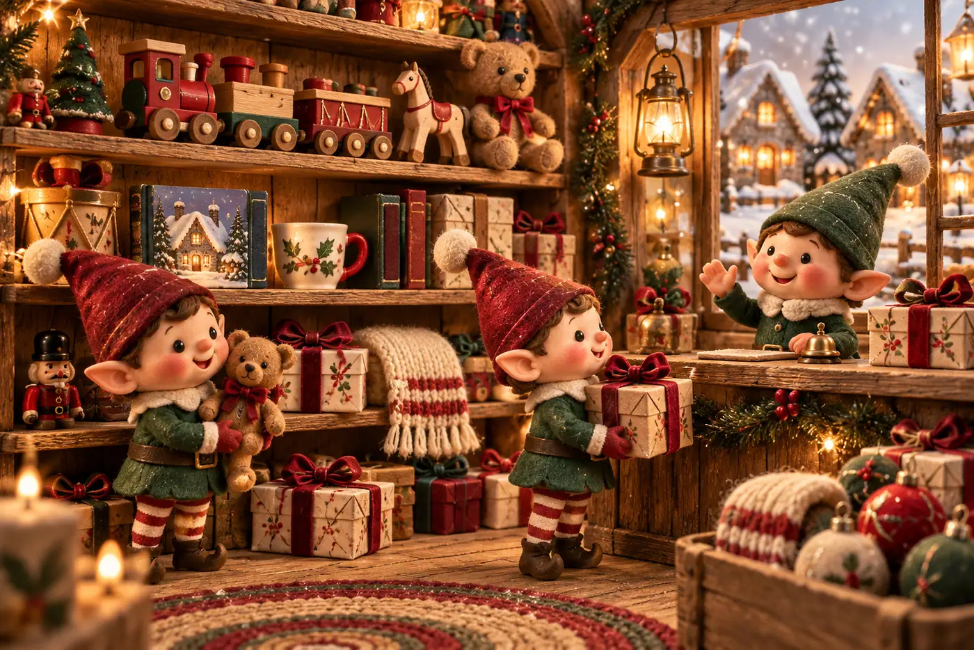 Felt elves tending a toy shop shelf of wrapped gifts with price tags