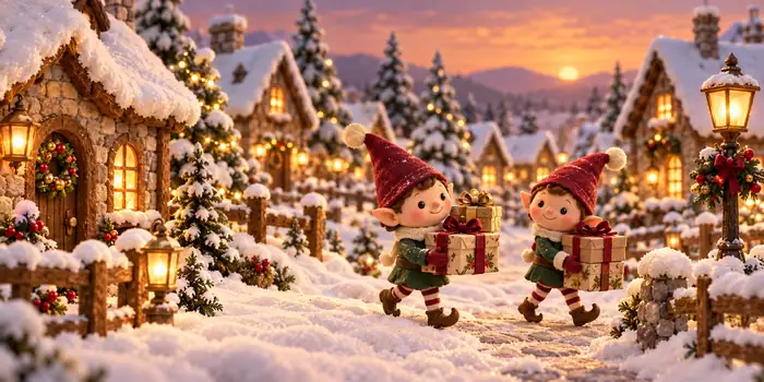 Two felt elves carrying presents along a snowy village lane at dusk